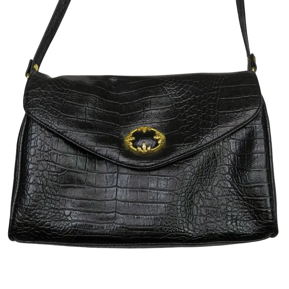 Vintage 1970s Croc Embossed Leather Crossbody Bag Black Gold Medium - Picture 3 of 10
